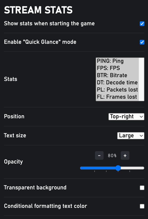 Stream stats settings